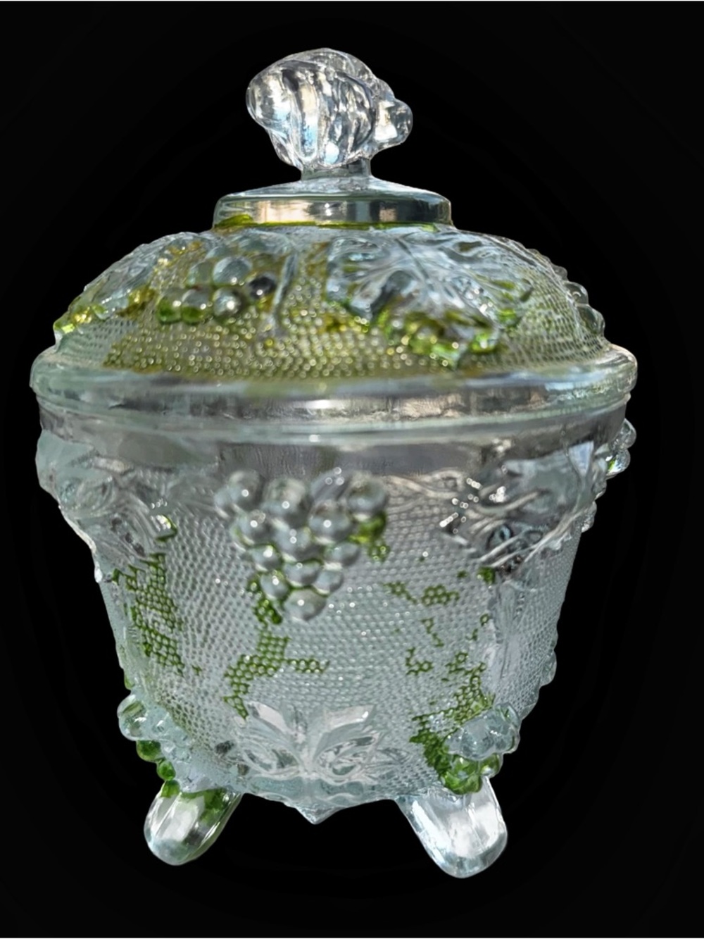 Vintage Pressed Glass Bowl With Lid Grape Leaf Pattern Cold‑Painted Green Faded